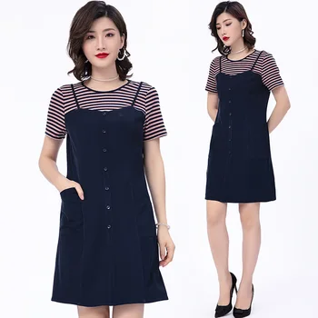 

2020 Summer new Elegant dress fake two pcs stripe temperament chiffon A-line dress short sleeve Round neck Plus size tunic 5XL