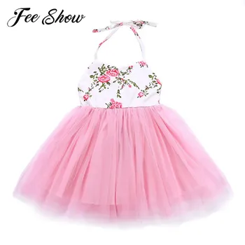 

Kid Girls Dresses Sleeveless Halter Neck Floral Printed Backless Tulle Dress Sundress Casual Dress Summer Party Clothes for Baby