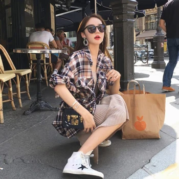 

Korean College Wind Blouse Femme 2019 Autumn Simple Vintage Plaid Loose Style Fashion Long Sleeve Shirts