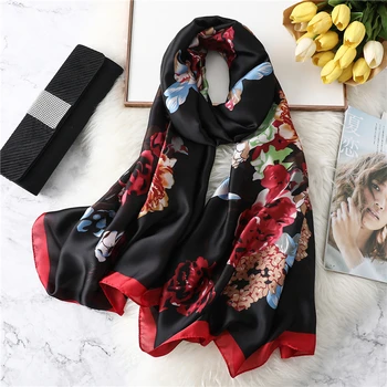 

Elegant Floral Women Silk Scarf Shawls Wraps Lady Foulard Pashmina Beach Stoles 2020 Fashion Print Female Bufanda Scarfs