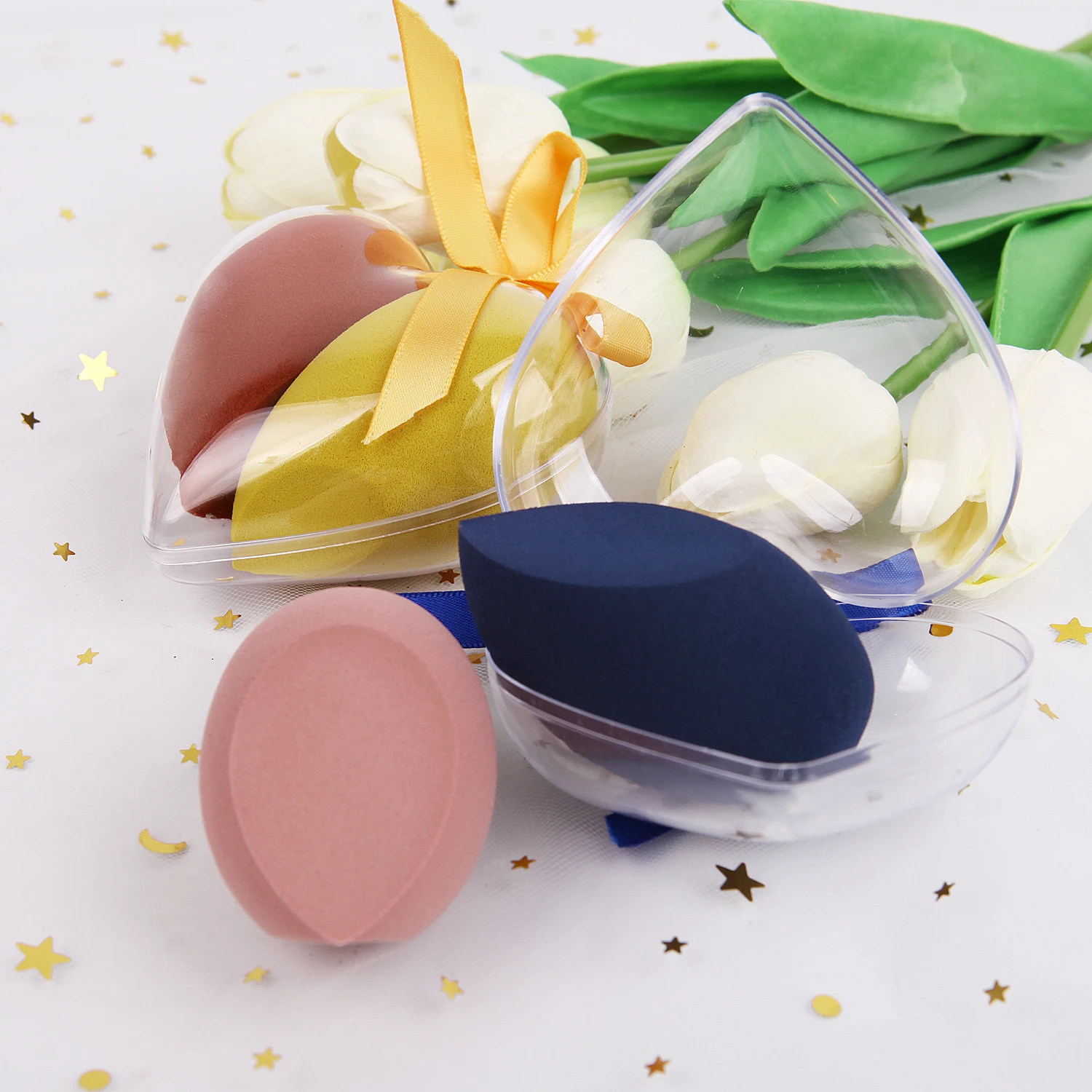 2pcs/set Heart-Shape Makeup Sponge Puff Face Foundation Powder Concealer Puff Non-Latex Cosmetic Sponge Make Up Tools with Box