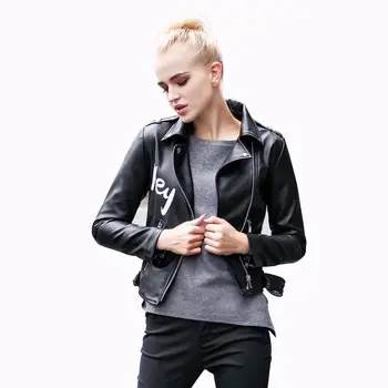 

Autumn Short Faux Pu Leather Jacket For Women Fashion Motorcycle Biker Punk Turn-Down Jackets Female Coats Outwear