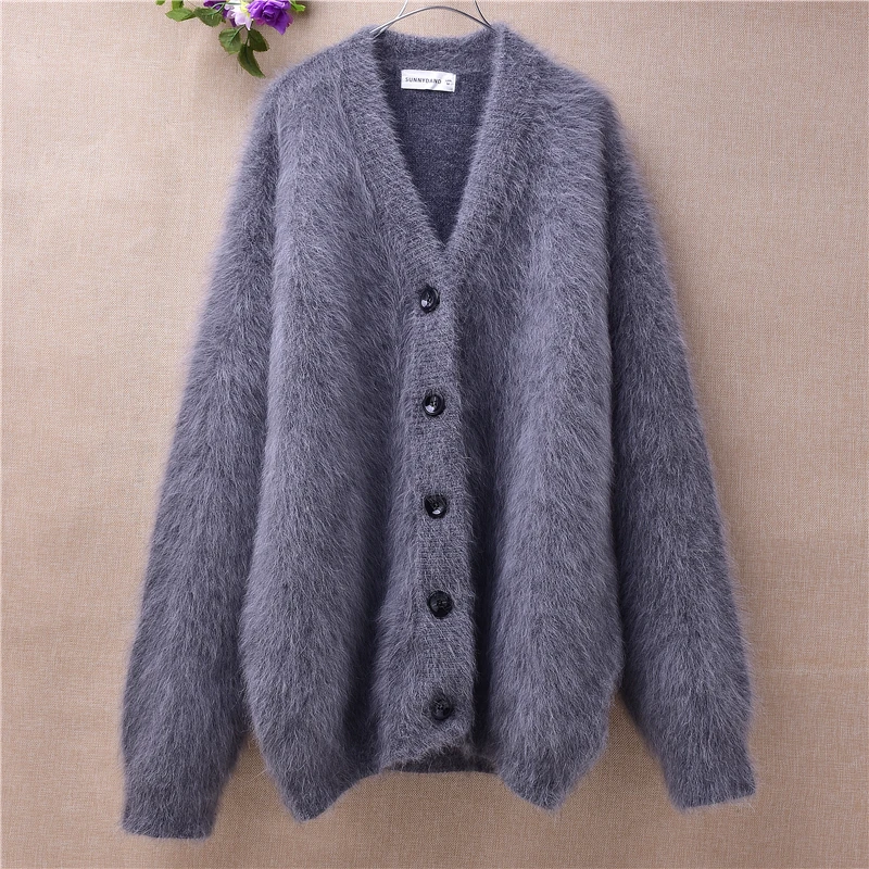 Top mujer femme winter thick warm V-neck angora rabbit fur cardigans loose long sleeves angora fur knitted sweater coat jacket
