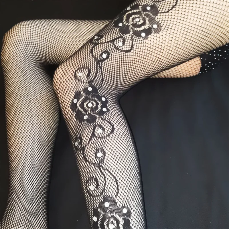 DUOJIAOYAN модные высококачественные черные нейлоновые блестящие женские колготки в сеточку колготки с цветочным узором Плотные чулки