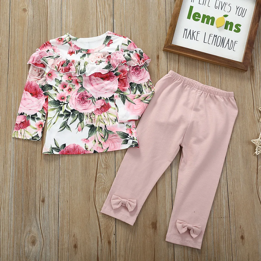 Комплект из 2 предметов, зимняя одежда с цветочным рисунком для маленьких девочек Детская рубашка с длинными рукавами и рюшами для маленьких мальчиков и девочек топы, штаны с бантом Ropa niuna