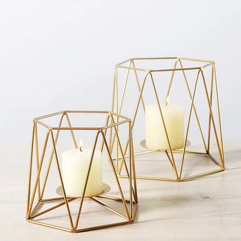 

2 Pcs Nordic Geometric Wrought Iron Candlestick Golden Minimalist Moroccan Candlestick Bedroom Table Decorations Props - Gold