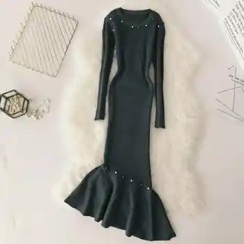 

NiceMix Stretch Knitted Sweater Dress for Women Winter Female Long Sleeve Party Bodycon Dresses Beading Sexy Office Midi Vestid