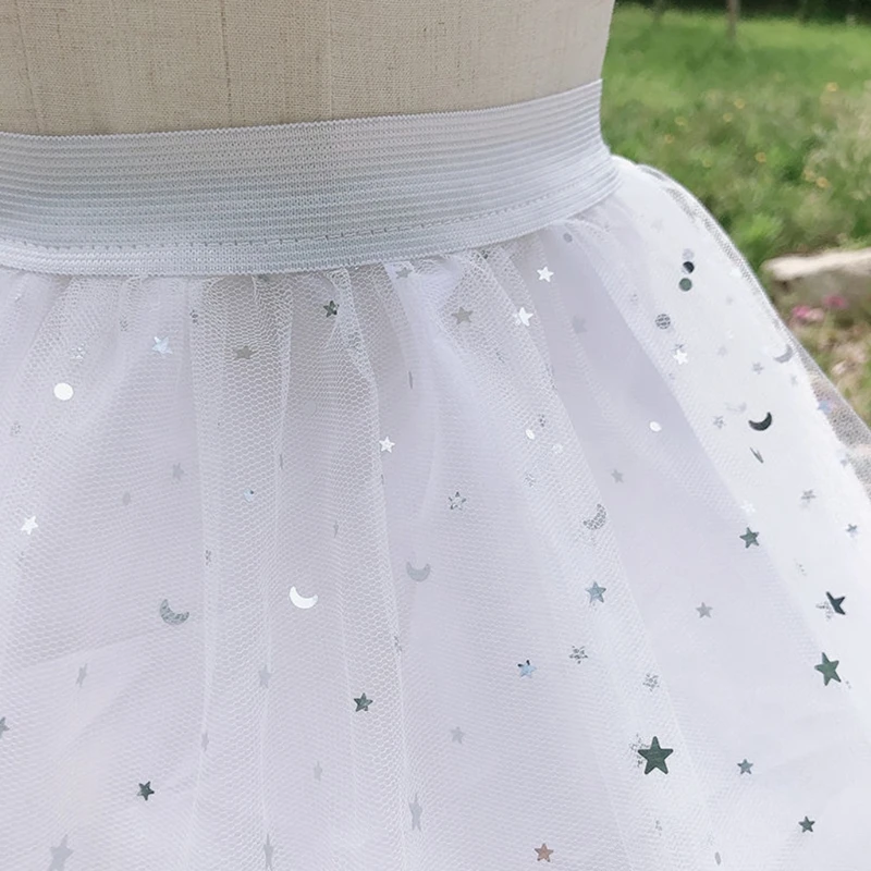 Women White Tulle Petticoat Skirt Sweet Moon Star Fringe Tassel Hem Adjustable 2 Hoops Underskirt Prom Crinoline