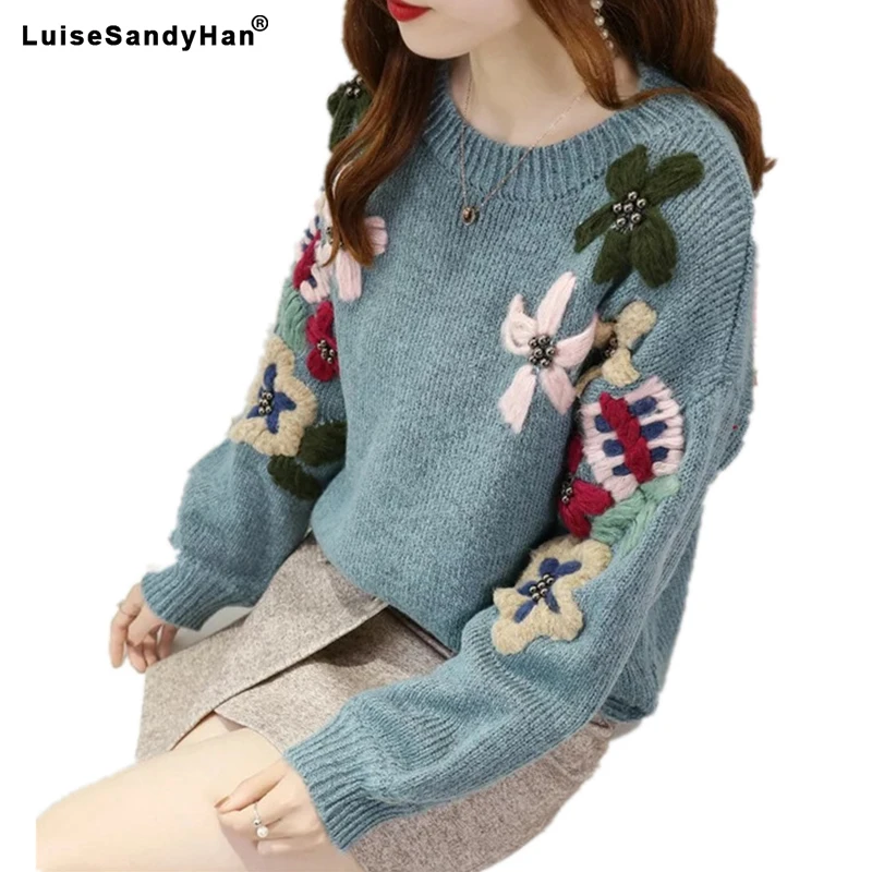 2020 autumn winter flower women knitted pullovers pink white o-neck loose solid sweater lady thicken warm coat tops | Женская одежда