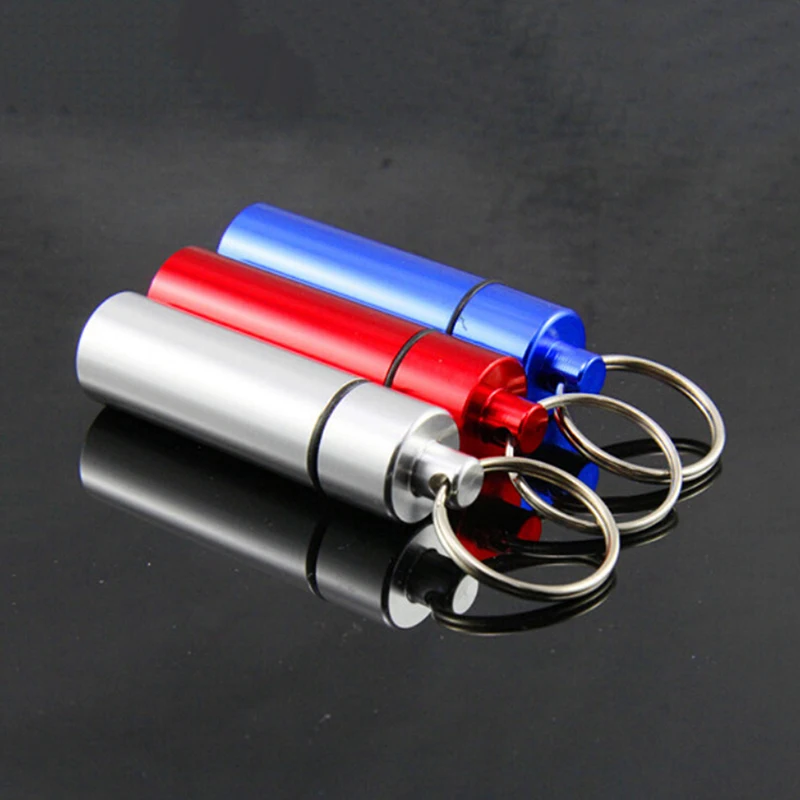 1PC 60*16mm Aluminum Waterproof Pills Box With Keychain Portable Drugs Container Medicine Bottle Random