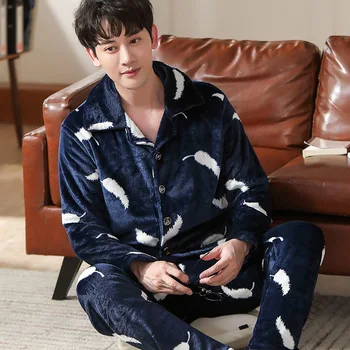 

2pcs/set Coral Fleece Men Pajamas Sets Flannel Full Trousers Men Warm Thicken Flannel Autumn Winter Man Home Clothes Plus Size
