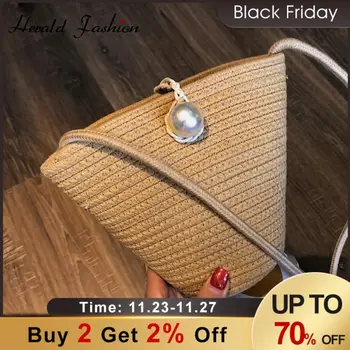 

2020 Simple Straw Bucket Bag Women Shoulder Bag Handmade Woven Bohemian Handbag Summer Beach Lady Large Capacity Wicker Tote