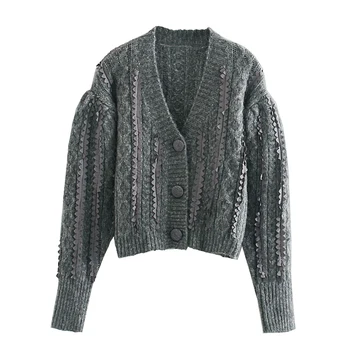 

Fashion Za 2020 women Panel knit coat Grey cardigan College style Leisure sweater Solid color Buttons Lady Keep warm