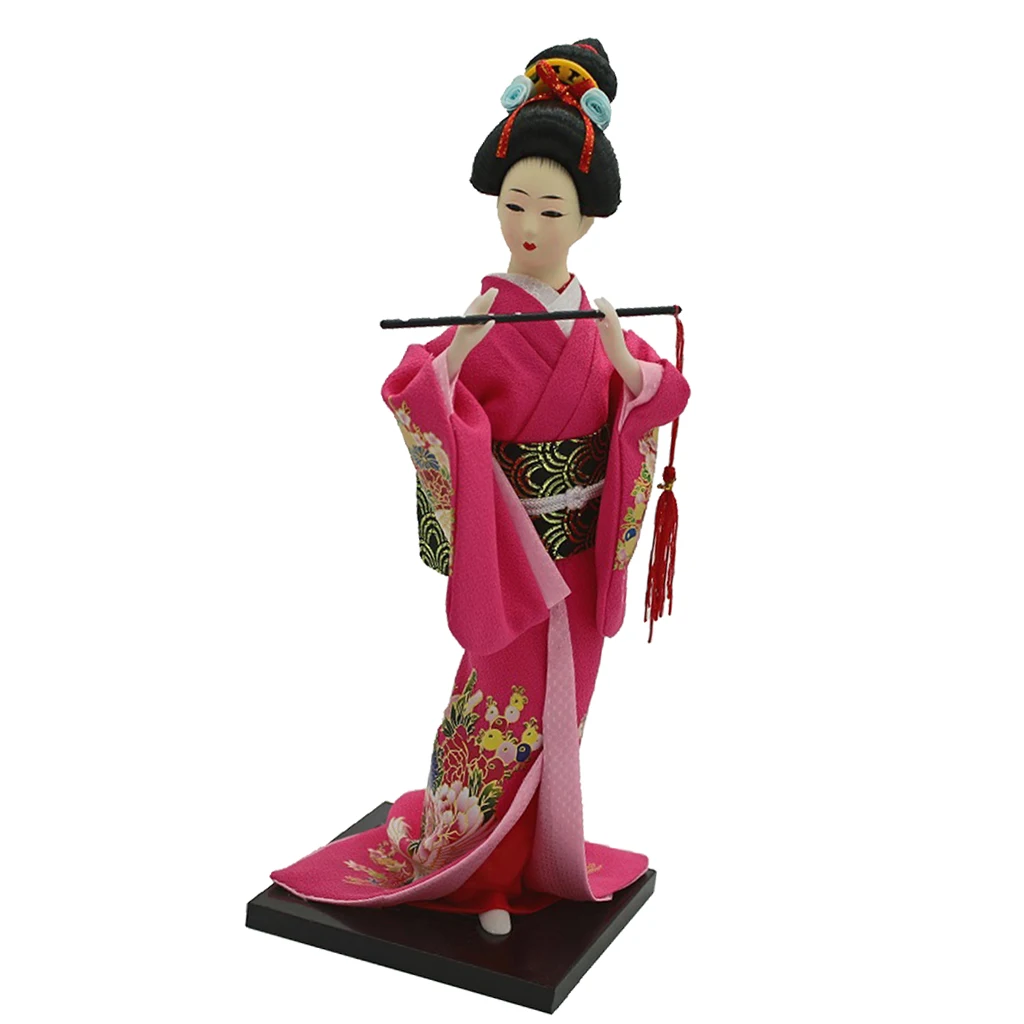12inch Ancient Japanese Lady Figurine Geisha Doll In Rose Red Kimono W/ Fan