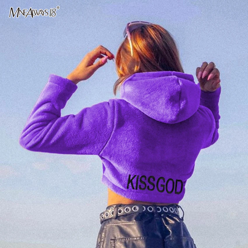 Mnealways18 толстовки с вышитыми буквами фиолетовые укороченные толстовки с длинными рукавами теплые зимние женские толстовки с капюшоном