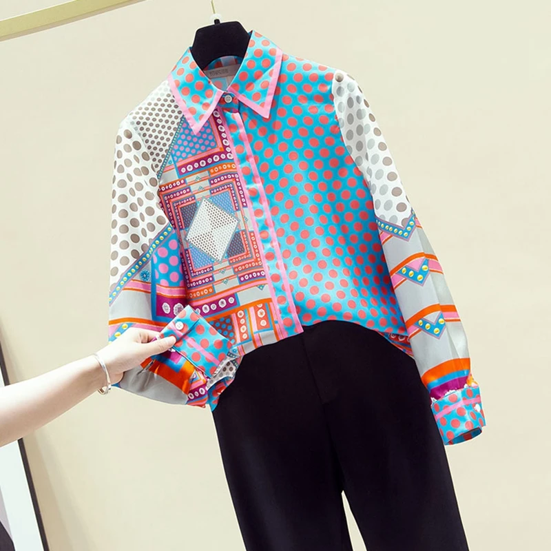 Autumn 2020 New Blouse Patchwork Simulation Silk Shirt Female Top Korean Niche Polka Dot Long-Sleeved Blusa GX1438 | Женская одежда