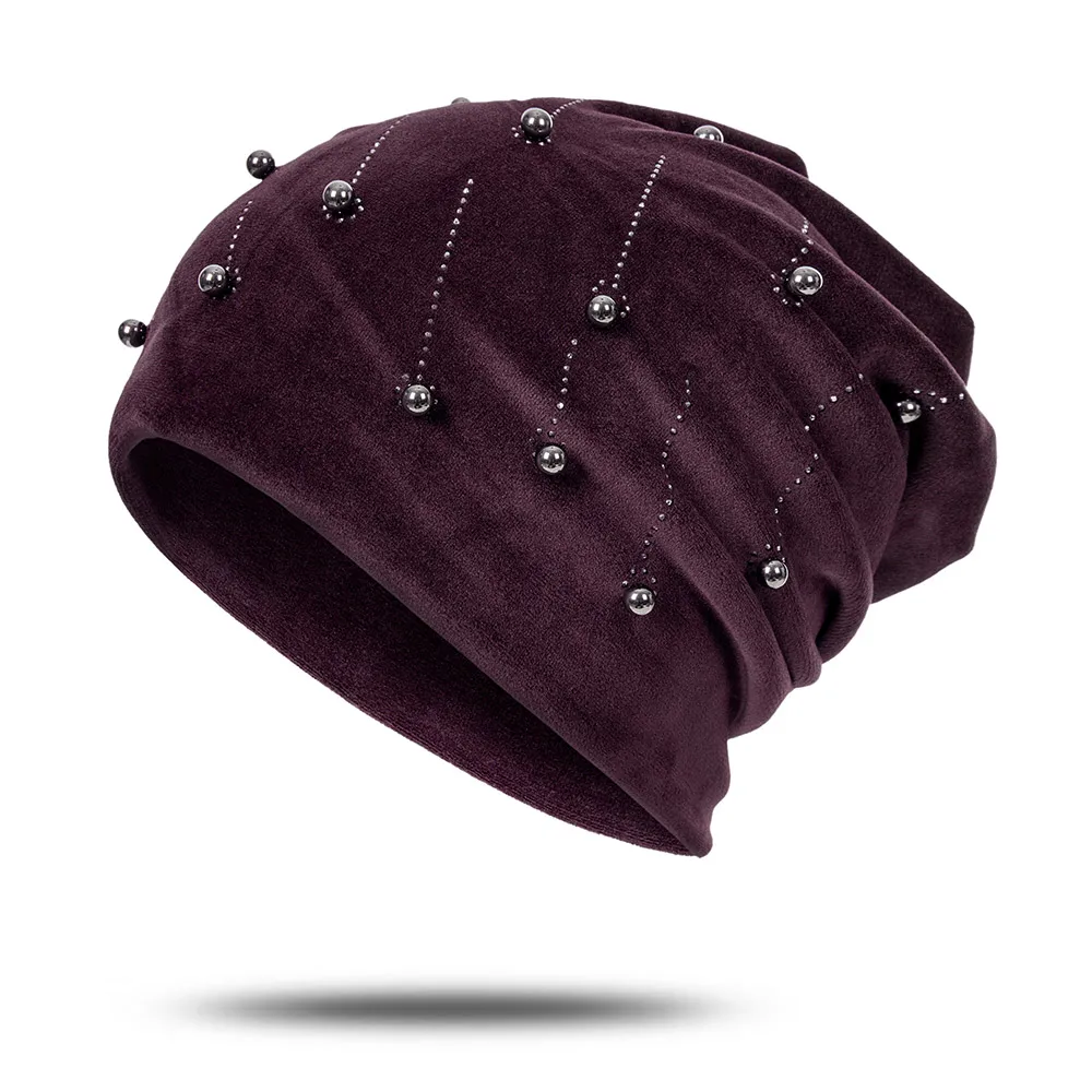 Winter Woman Hat Suede Soft beanie Hat for Women Solid Color Pearl Fashion Winter Warm Hat