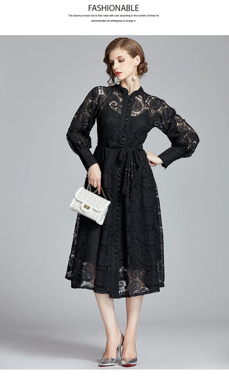 Новое Роскошное дизайнерское подиумное женское платье с О-образным вырезом и рукавами-фонариками с высокой талией однобортное кружевное длинное платье с поясом