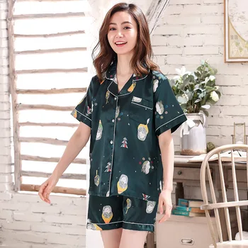 

Satin Nightwear Summer Intimate Lingerie Lady Pajamas Set Printed Casual 2PCS Sleepwear Lounge T-shirt&Shorts Home Clothing
