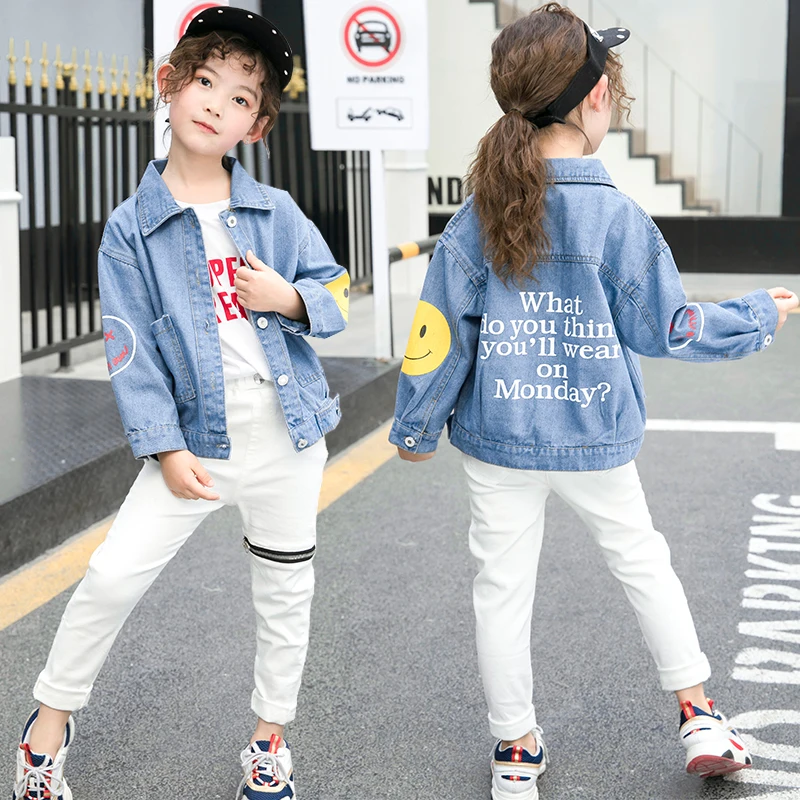

Smiley Denim Jacket For Girl 2019 New Spring And Autumn Sports Cartoon Anime Girls Jeans Jacket For 4 5 6 7 8 9 10 11 12 Years