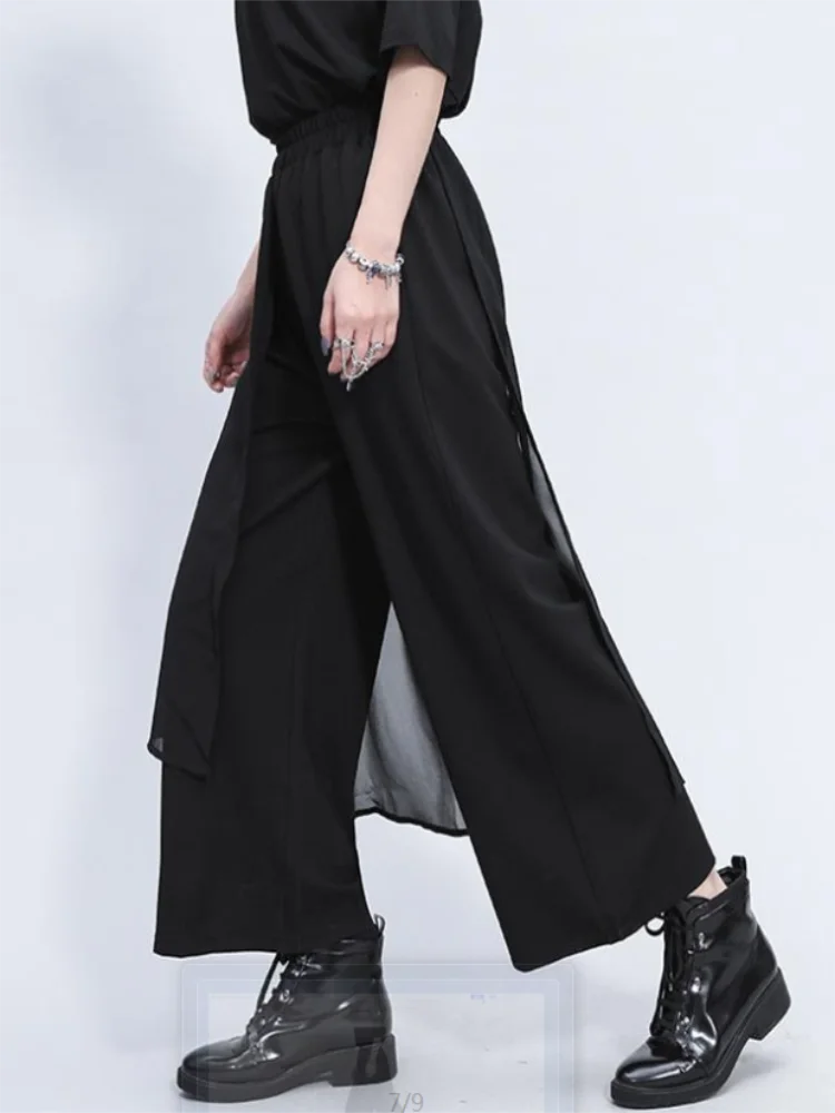 Ladies Casual Pants Irregular Trouser Skirt Straight Pants Summer New Brunet Thin Chiffon Splicing Design Trend Versatile Pants