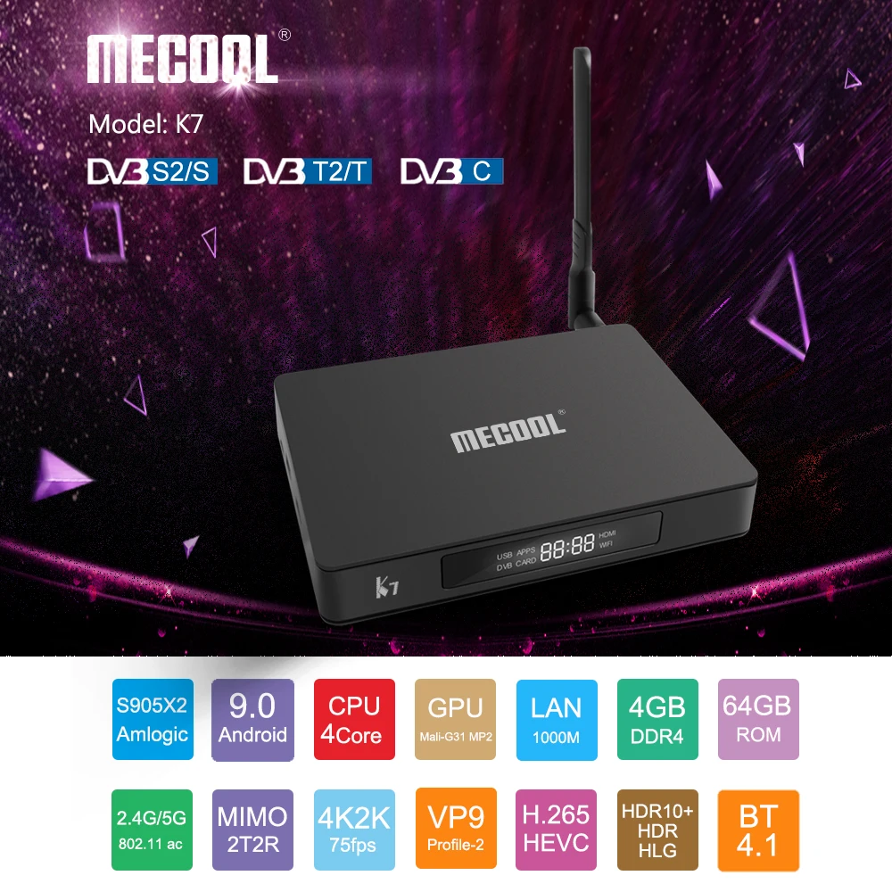 ТВ-приставка Mecool K7 Amlogic S905X2 DVB T2 S2 4 Гб DDR4 64 ПЗУ Android 9 0 двойная Wi-Fi светодиодный