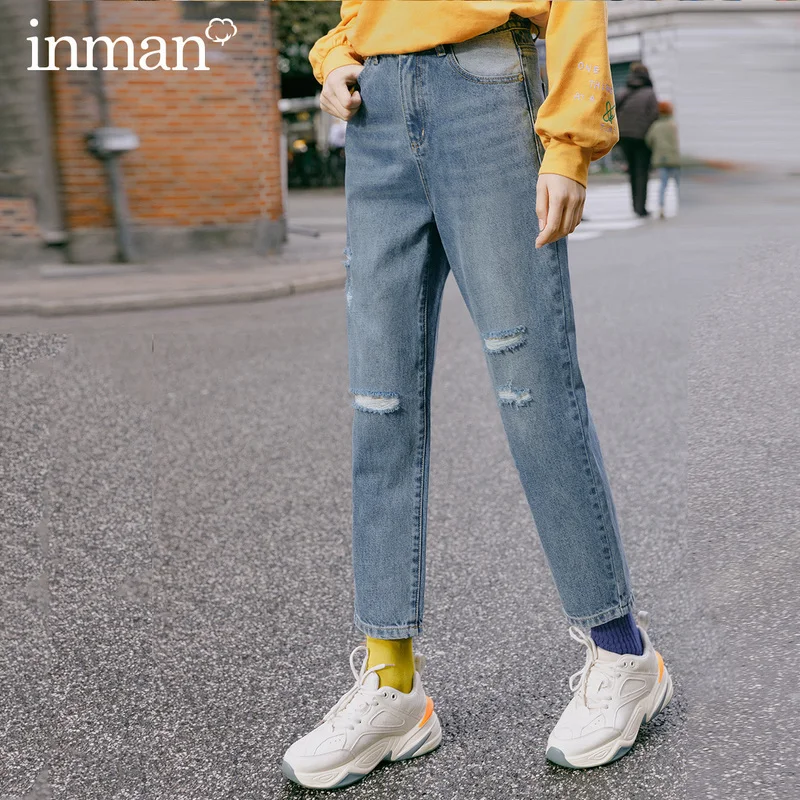

INMAN 2020 Spring New Arrival Pure Cotton High Waist Slimmed Distressed Hole Fashion Jeans