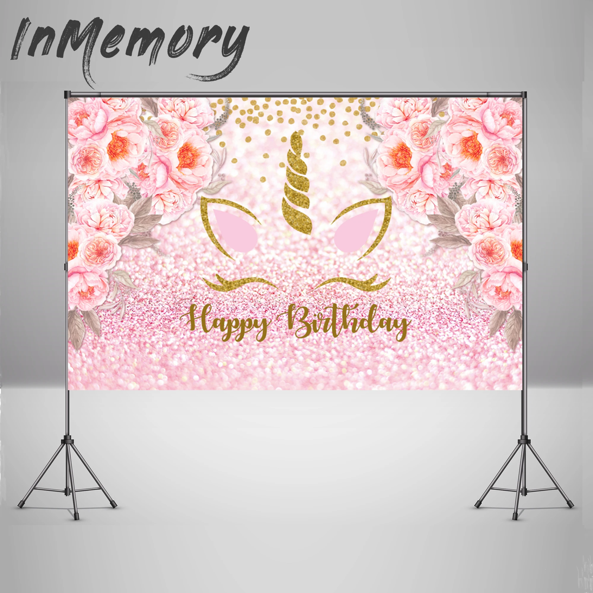 Фотофон InMemory розовый цветок боке золотой единорог фон для фотостудии