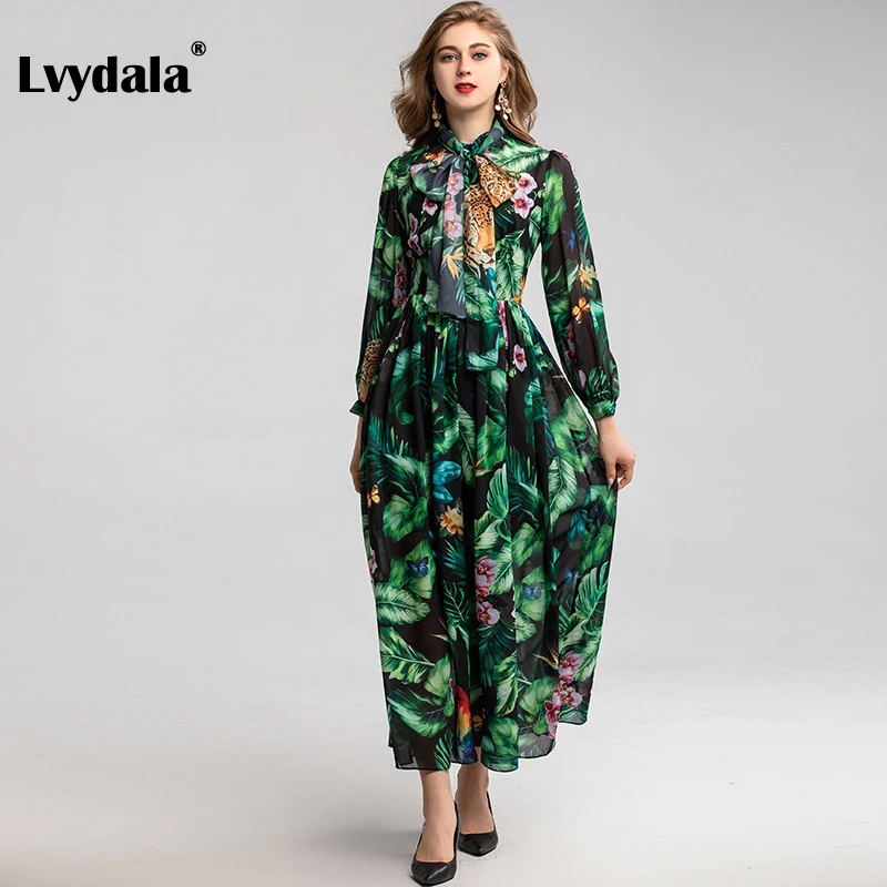 Lvydala, модное дизайнерское платье, весна-лето, женское платье, длинный рукав, Зеленый лист, цветочный принт, платья для отпуска