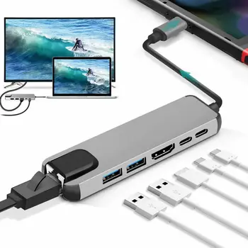 

1pcs 6-in-1 USB-C Hub Multi-port Adapter USB Type C Hub Adapter Dock With 4K HDMI RJ45 Ethernet Lan USB C