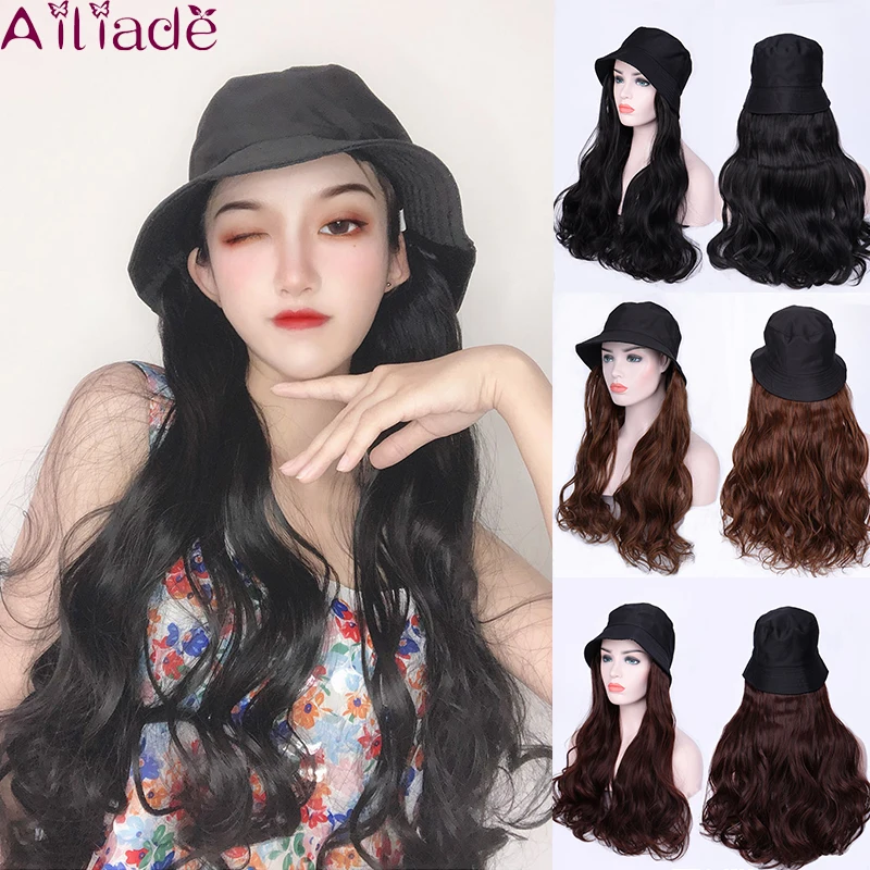 

AILIADE Long Kinky Curly Heat Resistant Synthetic Hair Piece Hair with Hat Big Wave Black Fisherman's Cap All-in-one Wig