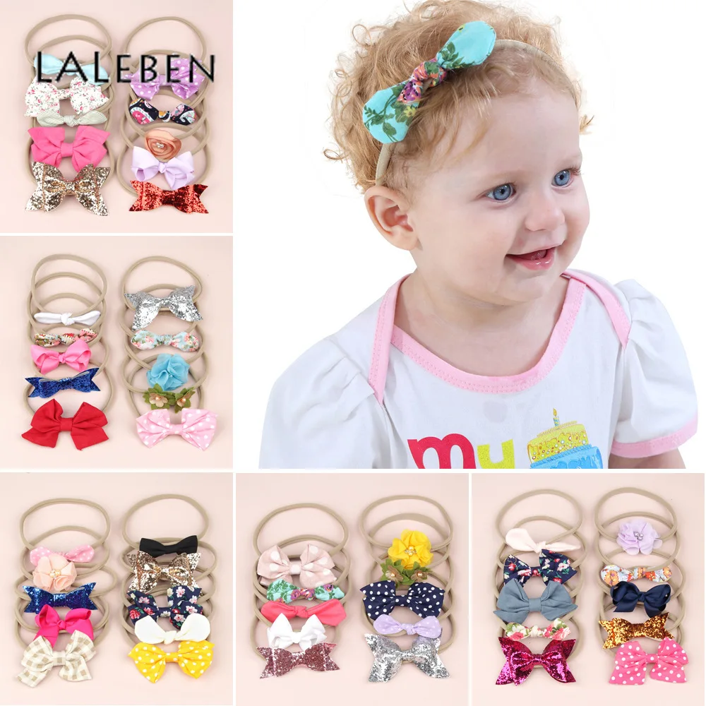 Детские эластичные повязки для волос, нейлоновые кожаные повязки на голову, детские цветочные ленты с бантом, мохнатое кроличье ушко