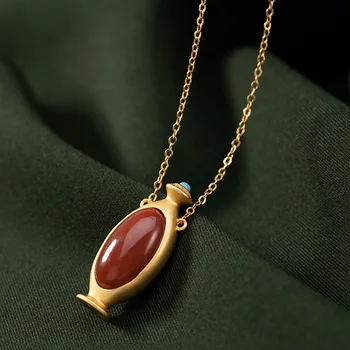 

silver S925 pure silver gold-plated South Red Agate personality vintage classic vase high grade lady pendant set chain