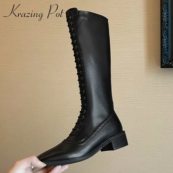 

Krazing Pot hot gladiator work boots microfiber carving square toe thick med heel zipper maiden pretty girls knee-high boots L45