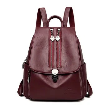 

2019 Soft Leather Women Backpack Female High Quality Double Zipper Leather School Backpacks for Teenagers Sac A Dos Femme