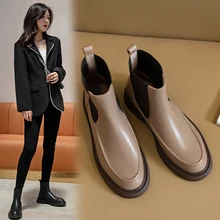 

2021 Genuine Leather Women's Boots Retro British Style Slip-On Chelsea Boots Fashion Ankle Boots Round Toe Flat with Women Shoes