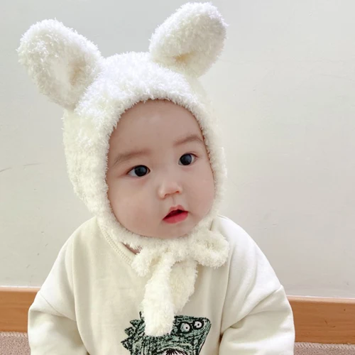 귀여운 겨울 아기 모자, 곰 귀 따뜻한 봉제 아기 소녀 모자, 비니 단색 유아 어린이 귀플랩 보닛 모자, 신생아용 2