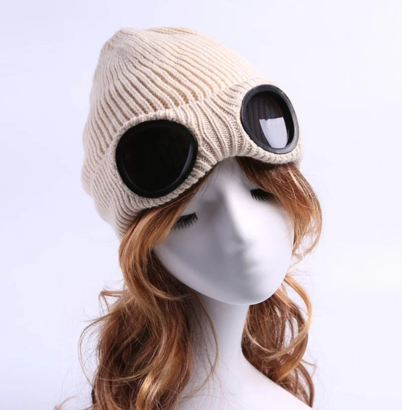 Вязаная шапка со съемными очками; женская утолщенная зимняя повседневная шапка - Цвет: Бежевый