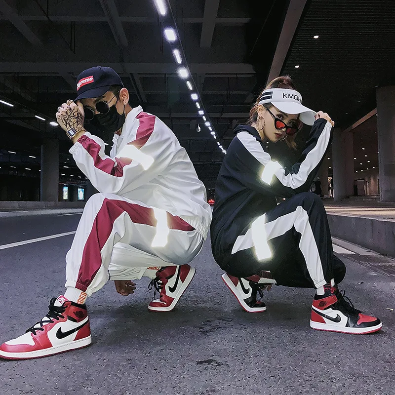 Набор для пар, осенняя одежда, стиль, INS, спортивные, повседневные, беговые костюмы, светоотражающие знаки, осенние и зимние, для ночного бега, Длинные