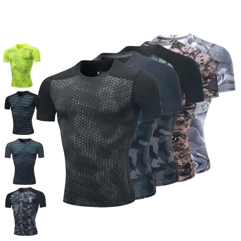 Cross Border for Men Tight Sports Short Sleeve Fitness Plastic Clothes Soft Reduction Comfortable Breathable Quick Drying Clothe