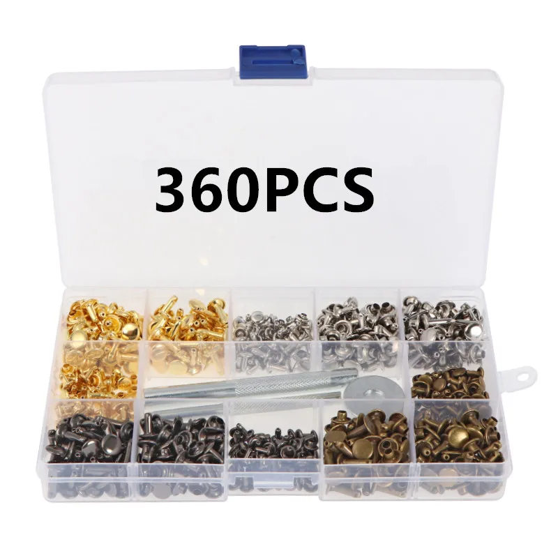 360PCS Copper Leather Double Cap Rivets Tubular Metal Studs Fixing Tool Kits Craft Garment For Cloth With Box | Обустройство дома