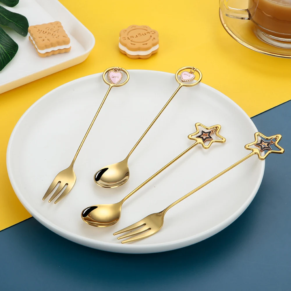 

Creative Stainless Steel Spoon Fork Heart Shaped Coffee Stirring Spoon Dessert Fork Spoon Wedding Souvenir