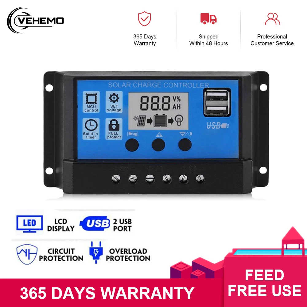 

60A/50A/40A/30A/20A/10A 12V 24V Auto Solar Charge Controller PWM Controllers LCD Dual USB 5V Output Solar Panel PV Regulator