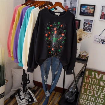 

Black Hoodie New Female Spring and Fall Star Diamond Loose Cotton Sweatshirt BF Lazy Wind Chic Pullover Shirt Casual Top Student
