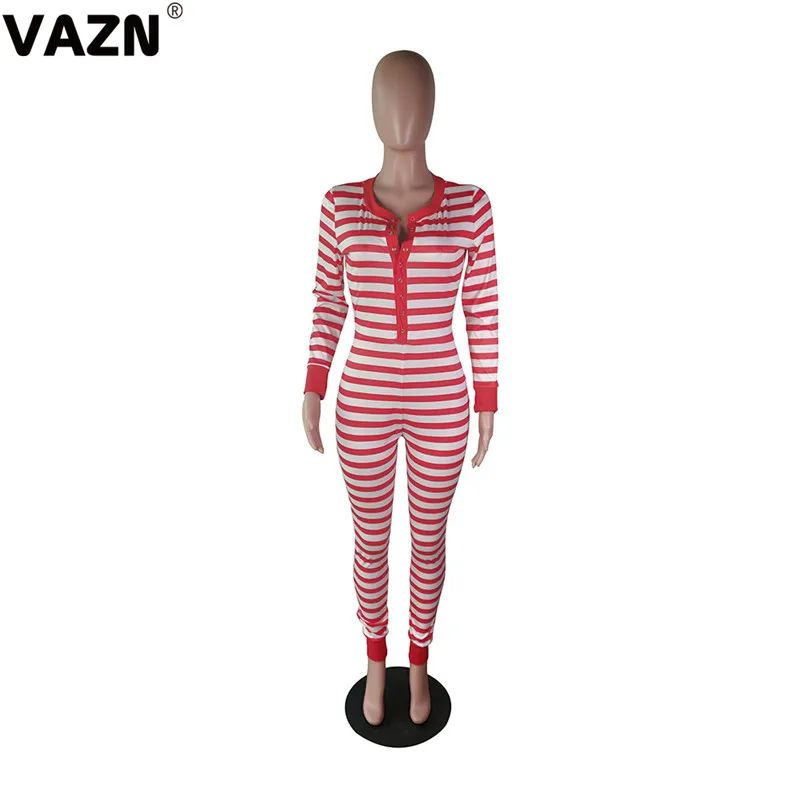 VAZN YM9180 Hot Striped Young Energy Zipper Cute Daily Full Sleeve 2 Color High Waist Women Elastic Skinny Long Jumpsuits