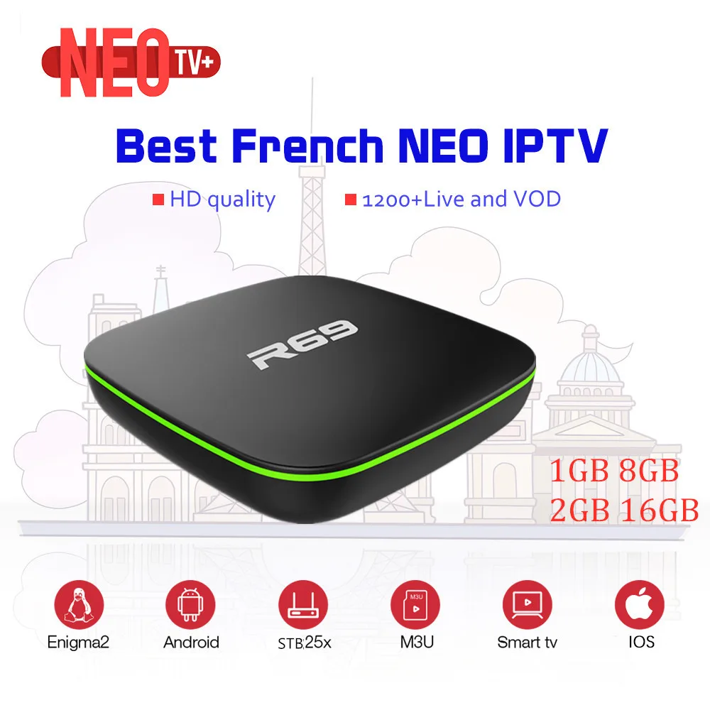 R69 smart tv box android 7,1+ французская IP ТВ подписка NEO 1300+ Live IP tv Франция Бельгия арабские европейские IPTV M3U enigma2