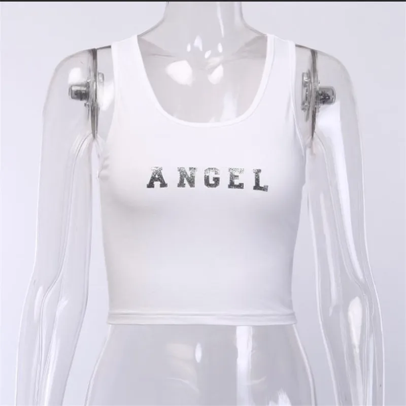 Ladies' Summer Short Bodycon Vest New Letter Pattern Bustier Crop Tops Female Leotard White Casual Sleeveless Tank Tops Fashion