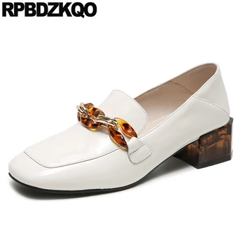 

block patent leather sandals mules slipper beige genuine slip on chunky square toe thick pumps brand women shoes 2019 luxury