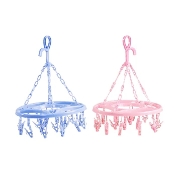 

2 Pcs Hanging Dryer 18 Clips Pin Laundry Clothes Hanger Underwear Socks Foldable New(Blue & Pink)