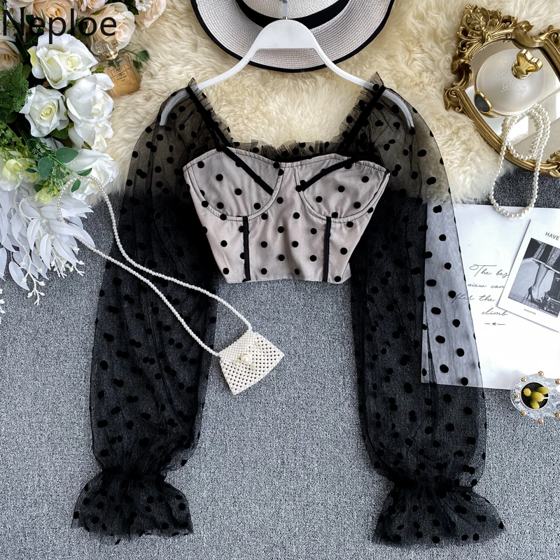 

Neploe Sexy High Waist Crop Tops Shirt Gauze Dot Puff Long Sleeve Patchwork Blouse Retro Square Collar Slim Short Blusas 55792